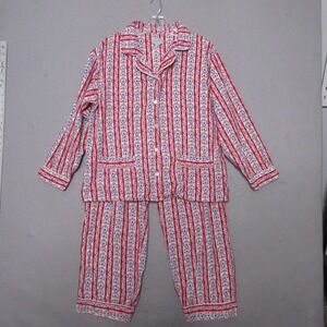 Lanz of Salzburg Pajamas Women Medium Red Blue Fleece Cotton Stripe Floral Heart
